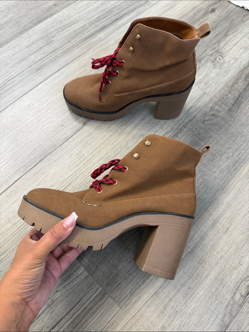 Forever 21 Brown Lace-Up Chunky Heel Ankle Boots with Red Accents